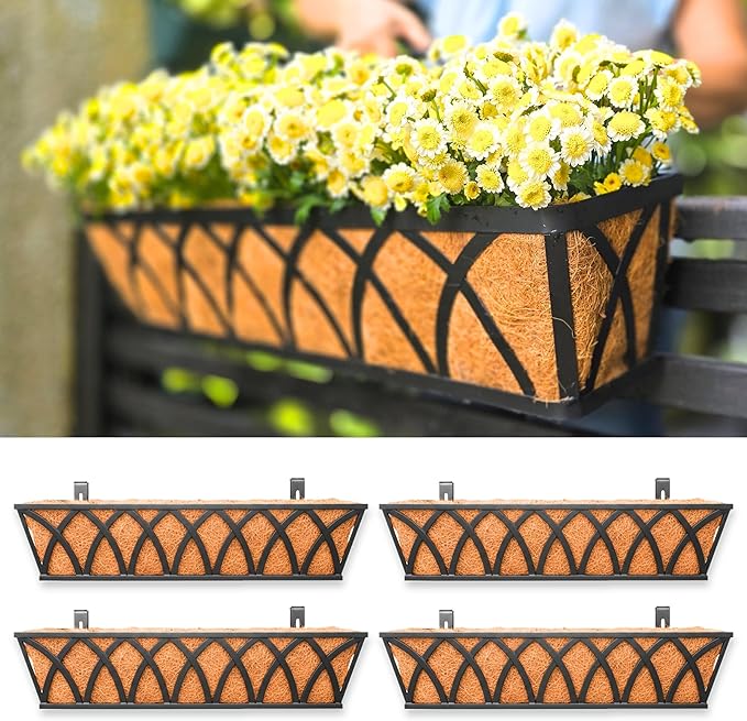 LaLaGreen Deck Railing Planter Boxes (30 Inch, 4 Pack) Wall Hanging Planters for Outdoor Plants, Black Metal Rectangular Window Flower Box with Coco Liner, Horse Trough Rail Fence Porch Patio Decor