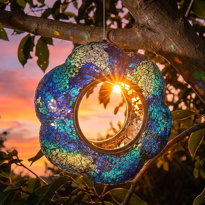 Sunnydaze 10-Inch Glass Mosaic Hanging Bird Feeder for Outdoors - Fly-Through Glass Bird Feeder for Cardinals, Jays, Finches and More - Indigo Flower Mosaic