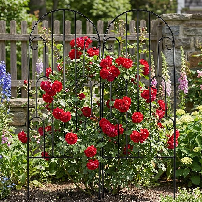 SCENDOR 2 Pack Arched Metal Garden Trellis for Climbing Plants 45" H x 15.9" W – Rustproof Iron Trellis with Decorative Scrollwork, Perfect for Roses, Clematis, Vines, and Patio Decor