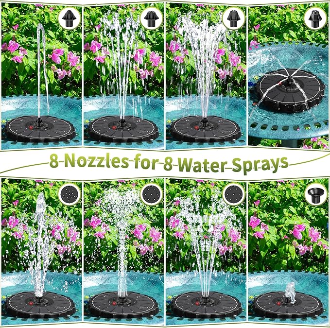SZMP Solar Fountain, Works in Cloudy with 2000mAh Battery Backup, Glass Solar Powered Bird Bath Fountain with Smart Status Indicators, 3.5W, 8 Nozzles, for Garden, Outdoor (Black)