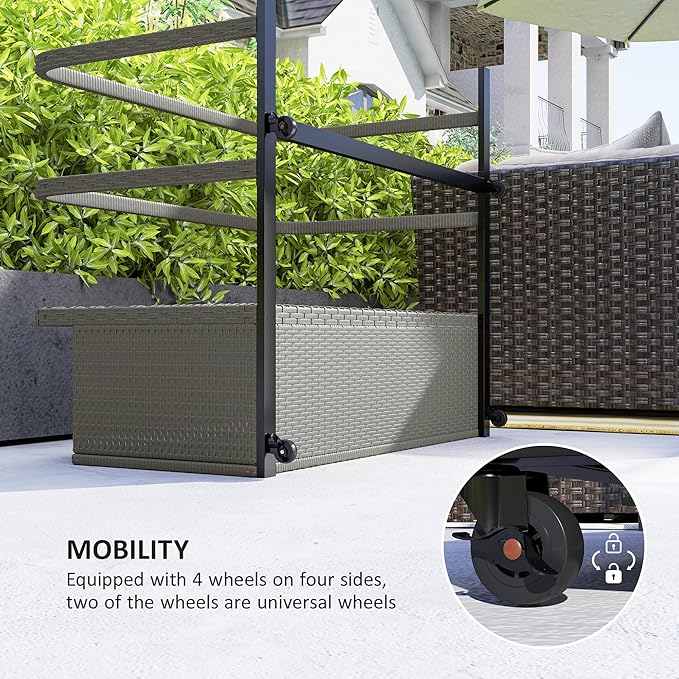 Outsunny Wicker Patio Pool Float Storage Basket, PE Rattan Outdoor Pool Caddy with Rolling Wheels for Floaties, Noodles, Life Vests, Beach Balls, Patio Furniture, Mixed Gray