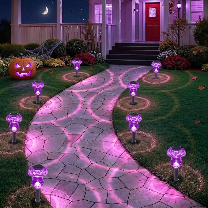 Solar Lights Outdoor, 16 Pack Mushroom Lights Outside Waterproof, Solar Powered LED Lighting for Garden, Yard, Landscape, Path, Pathway, Lawn, Walkway, Driveway, Backyard Halloween Decor (Purple)
