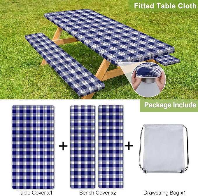 Play Tailor Picnic Table Cover with Bench Covers Camping Essentials Waterproof Windproof Camping Tablecloth with Drawstring Bag, Fitted Rectangle Tables and Seats, 60in, Blue Checkered