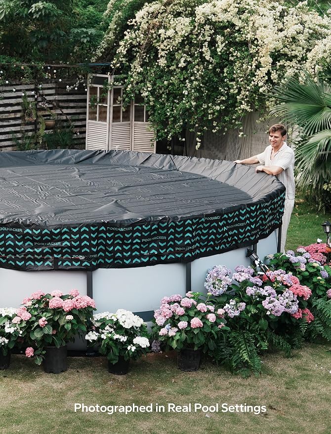 POOLHACKER 8 FT Round Pool Cover 420D Swimming Pool Cover for Above Ground Pools, Solar Pool Cover with Steel Cable & Pulley Tightening, Fit for Stock Tank & Inflatable Pool, UV Resistant