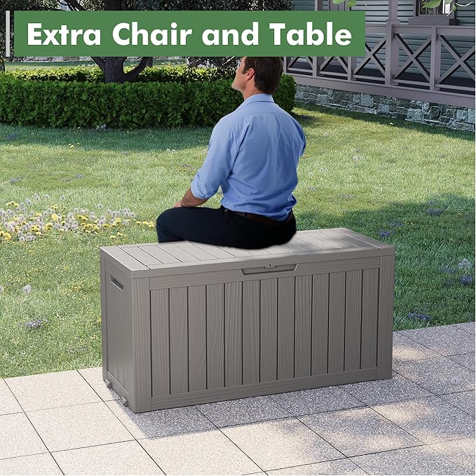LHBGO 80 Gallon Deck Box Large Outdoor Storage Boxfor Patio Furniture,Outdoor Cushions, Garden Tools, Sports Equipment and Pool Supplies, Waterproof, Resin, Lockable