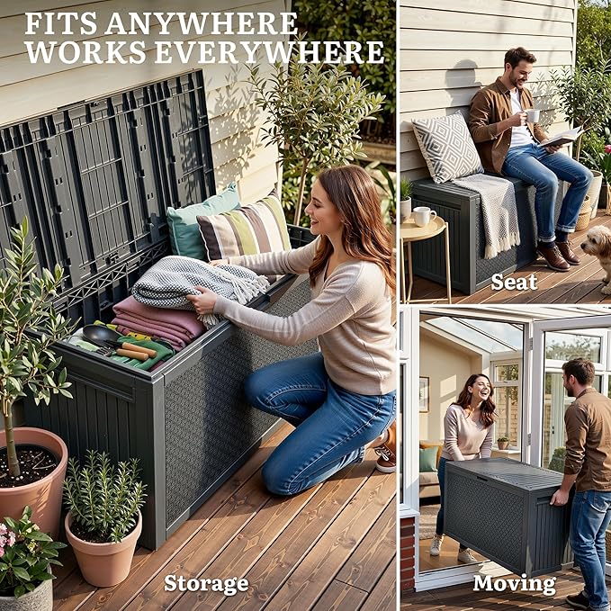 YITAHOME 90 Gallon Outdoor Storage Deck Box, Waterproof Resin Deck Box w/Handles, Lockable Outdside Deck Box for Patio Furniture, Garden Tools, Lockable & UV Resistant(Dark Gray)