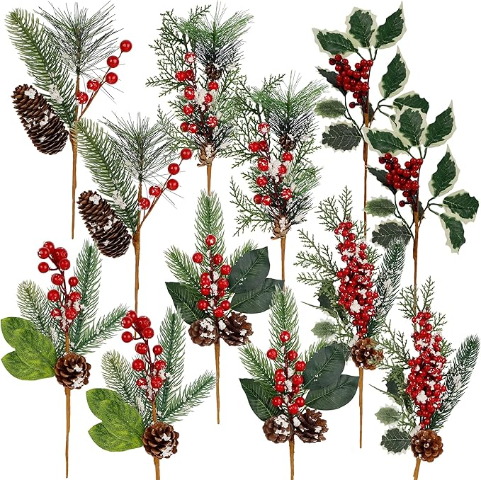 DR.DUDU 12 Packs Holiday Faux Christmas Evergreen for Wreaths, Swags, Topiaries, Elements Include Types of Evergreens, Holly Leaves, Winter Berries, Pine Cones, Laurel Leaf (6 Styles, 12-14 in)