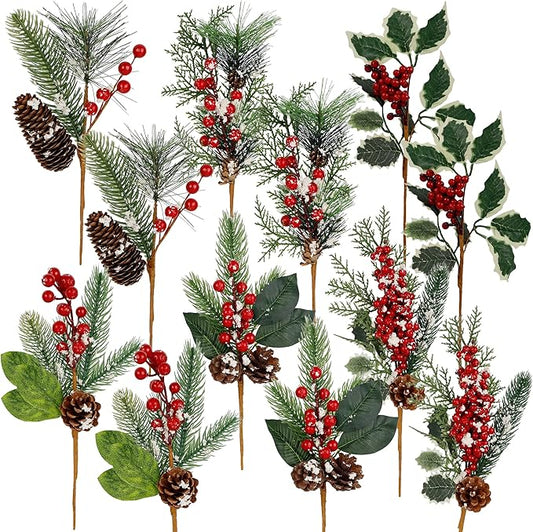 DR.DUDU 12 Packs Holiday Faux Christmas Evergreen for Wreaths, Swags, Topiaries, Elements Include Types of Evergreens, Holly Leaves, Winter Berries, Pine Cones, Laurel Leaf (6 Styles, 12-14 in)