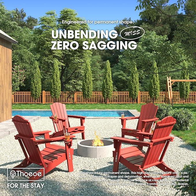 THOEOE Folding Adirondack Chair, HDPE All-Weather Outdoor Chair with Cup Holder, Wooden Textured, Fire Pit Chair, Plastic Patio Chair for Deck, Backyard, Garden, Lawn, Red