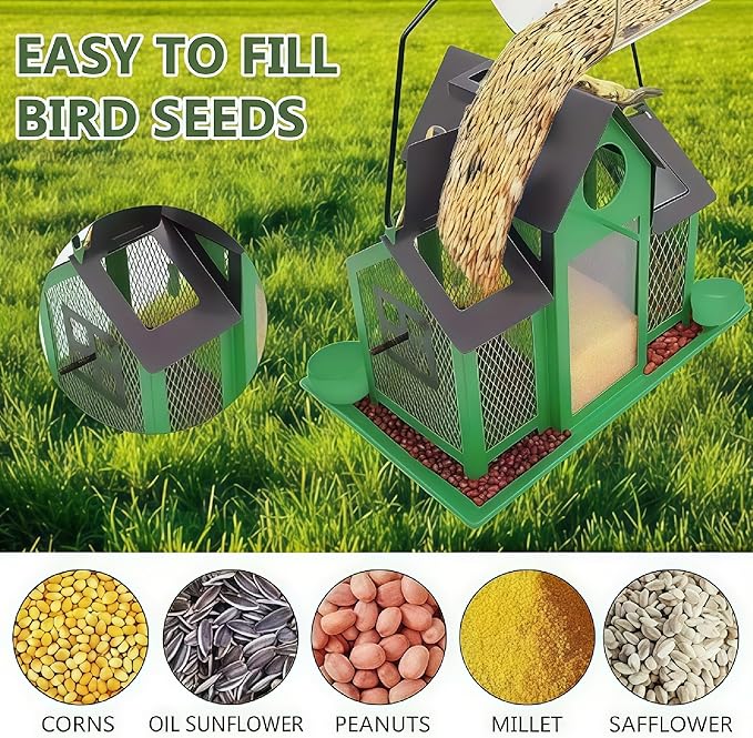 Solar Bird Feeders House for Outside Hanging, Metal Wild Bird Feeder for Outdoors Large Capacity Cardinal Birdfeeder Birdhouses Metal Bird Feeding Station Green