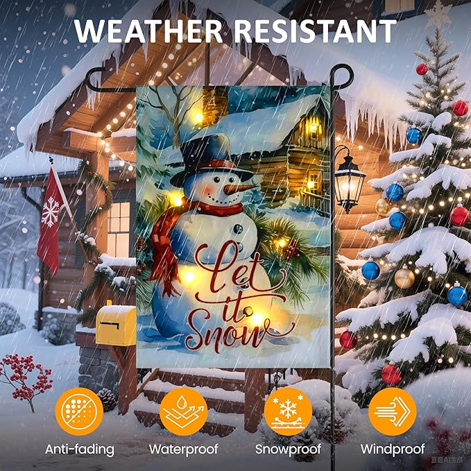 Christmas Garden Flag with Lights for Outdoor, 12x18 Snowman Double Sided Outdoor Flag, Led Solar Lighted Holiday Decoration, Winter House Yard Flags for Outside Lawn Porch Farmhouse Decor