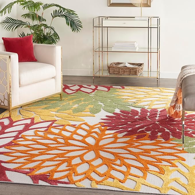Nourison Home Aloha Indoor/Outdoor Red Multi Colored 9' x 12' Area Rug, Tropical, Botanical, Easy Cleaning, Non Shedding, Bed Room, Living Room, Dining Room, Deck, Backyard, Patio (9x12)