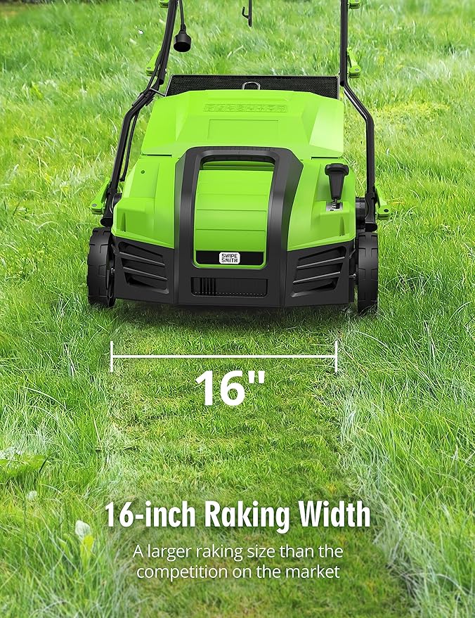 Electric Dethatcher Scarifier, 16-Inch 15 Amp Lawn Dethatcher with 5-Position Depth Adjustment, 14.5 Gal Removable Thatch Collection Bag, Quick-Fold, Keeps Lawn Health