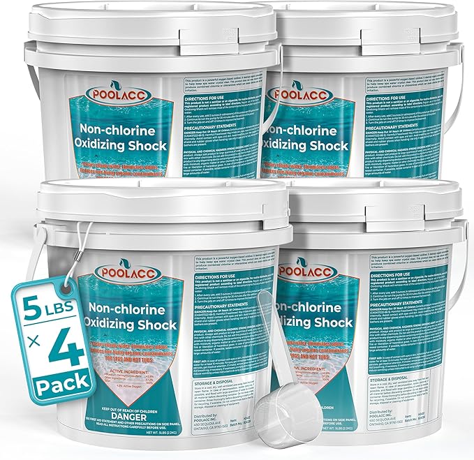 Non-Chlorine Spa Shock for Hot Tub, Chlorine-Free Shock Treatment for Hot Tubs, Spas and Swimming Pools, Quick Dissolving, Fast Acting Oxidizing Shock for Crystal Clear Water- 5lbs*4 Packs