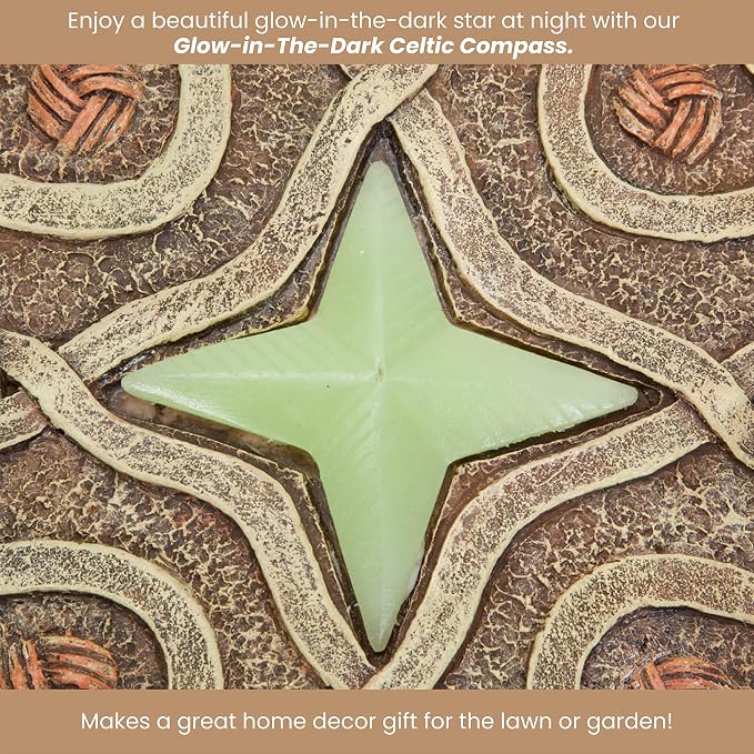 Bits and Pieces - Glow in the Dark Celtic Compass Garden Stone - Irish Garden Decor Yard Art Accent - 10" x 10" Round Durable Polyresin Stepping Pavers for Landscaping and Outdoor Pathways