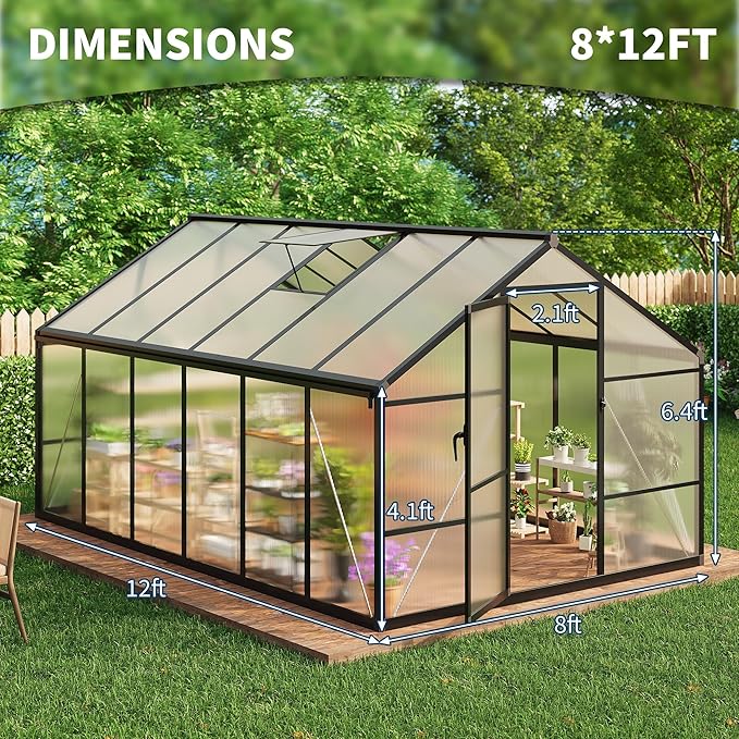 8x12 FT Greenhouse for Outdoors, Polycarbonate Greenhouse with Roof Vent, Ground Nails, Lockable Push Door, Aluminum Large Walk-in Green House for Outside Garden Backyard, Patio, Lawn, Black