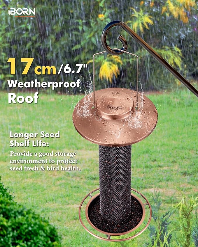 iBorn Finch Feeders for Outside,Thistle Bird Feeders for Outdoors Hanging,Nyjer Seed Feeder,Metal Mesh Tube Bird Feeder 13.5 Inch with 17cm Weatherproof Large Roof&Tray,2 LB Capacity,Brushed Copper