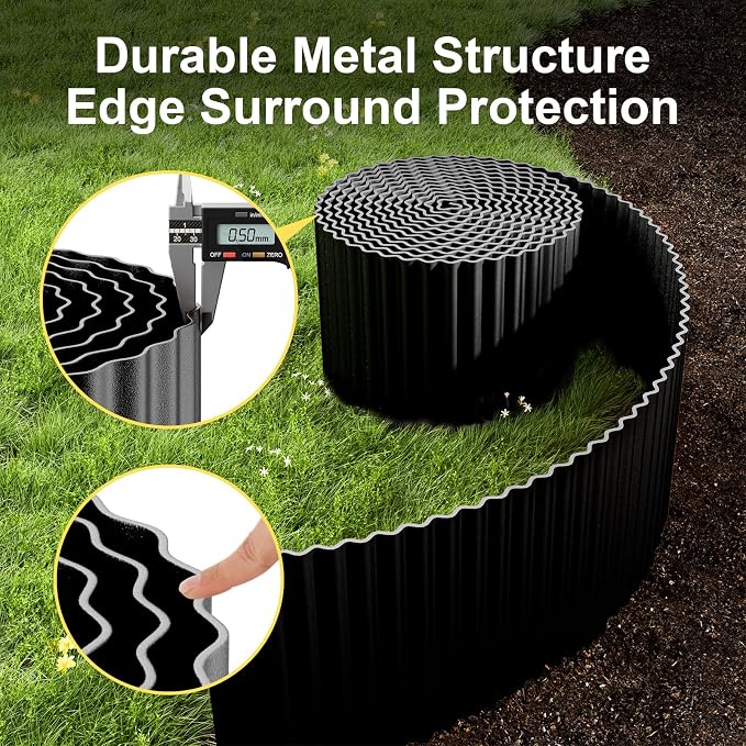 Land Guard Corrugated Garden Edging Border, 12"×100' Landscape Paver Edging, Tall Landscape Edging, Fence for Garden, Flower Bed, Lawn and Landscape Edging (Glossy Black)