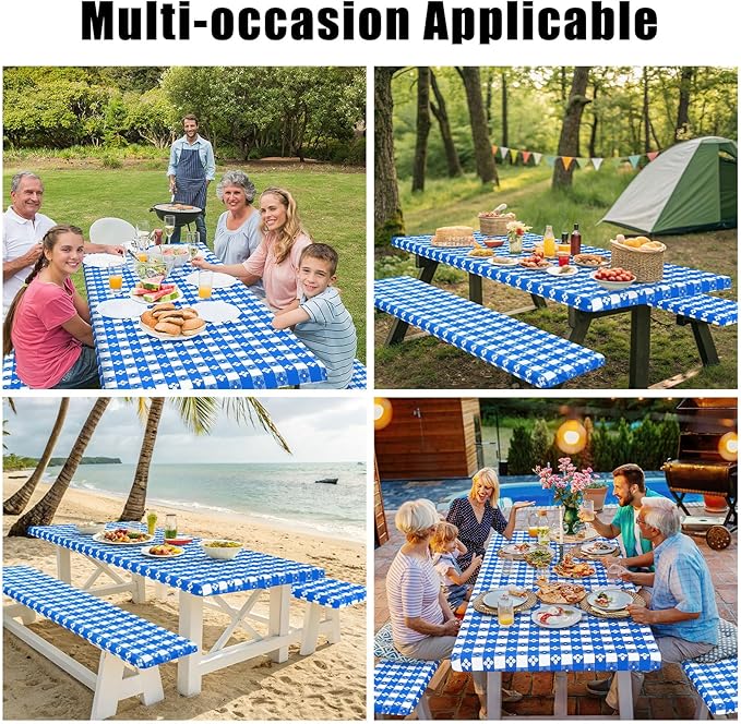 Smiry Picnic Table Cover with Bench Covers, Waterproof Elastic Fitted Tablecloth for 8 Foot Tables, Washable Polyester Tablecloths for Camping, Indoor & Outdoor (Blue & White, 30x96 Inch 3-pc Set)
