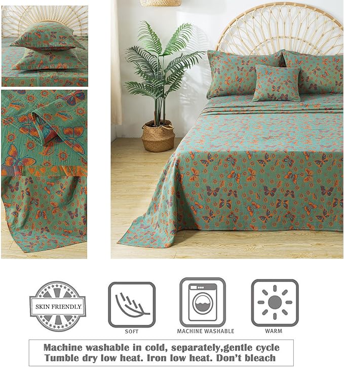 FADFAY Butterfly Sheets Set Queen Vintage Green Red Floral Bedding Shabby Farmhouse Bedding Super Soft Washed Double -Layer Muslin Sheets 100% Cotton Deep Pocket Fitted Sheet 4Pcs, Queen Size