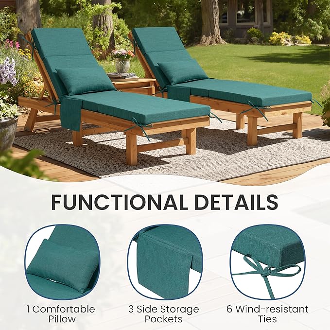 Crestlive Products Foldable Outdoor Chaise Lounge Cushions with Head Pillow and Side Pockets,Water Repellent & Fade Resistant Lounge Chair Cushion, 72''L x 21''W, Set of 2, Malachite