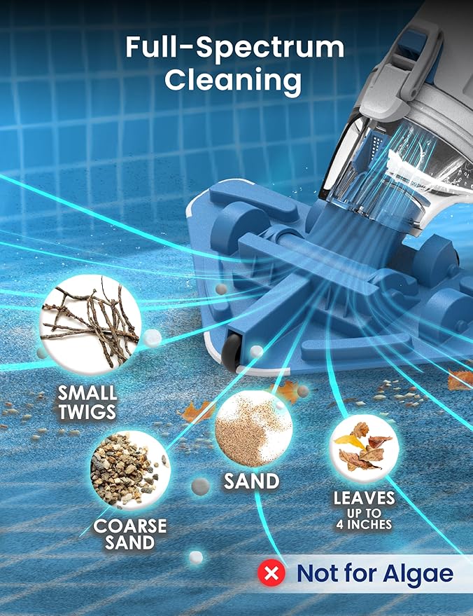 KOKIDO Rechargeable Cordless Pool Vacuum for Above Ground Pool and Pond Cleaner, 72” Aluminum Pole, Standard & Fine Filters, 2 Brush Vac Heads, Handheld Pool Cleaner Spot Clean Inground Pools XV320