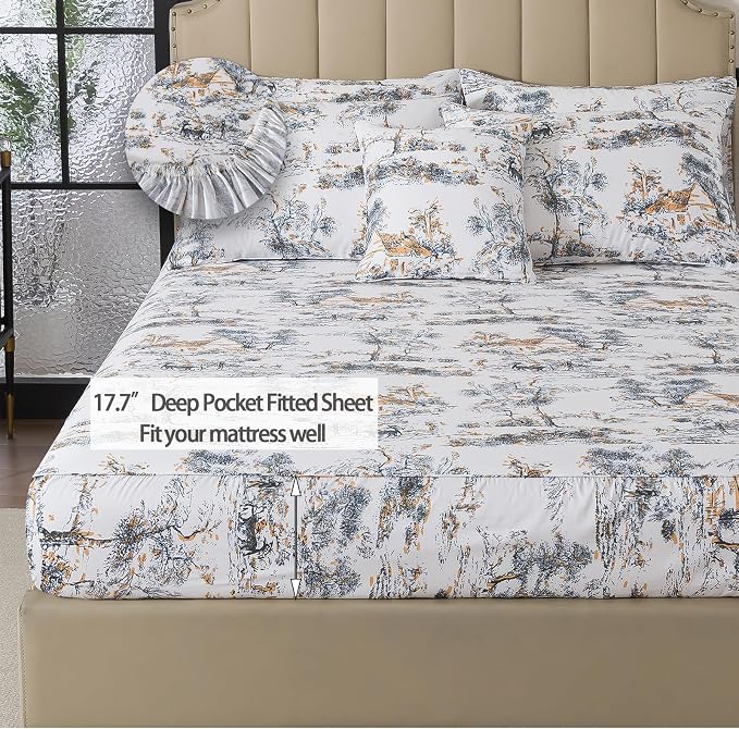 FADFAY Toile Sheets Set Cal King 100% Egyptian Cotton French Country Toile de Jouy Bedding Black and Gold Floral Bed Sheets Shabby Farmhouse Bedding Breathable Soft Deep Pocket 4Pcs, California King