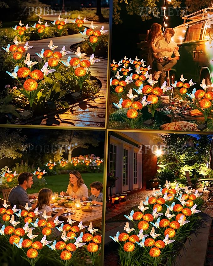 Solar Garden Lights Outdoor Waterproof Decorative 3 Pack Swaying Butterfly Light with 9 Big Flowers Solar Lights for Outside Garden Decor Patio Yard Landscape, Gifts for Women Mother's Day