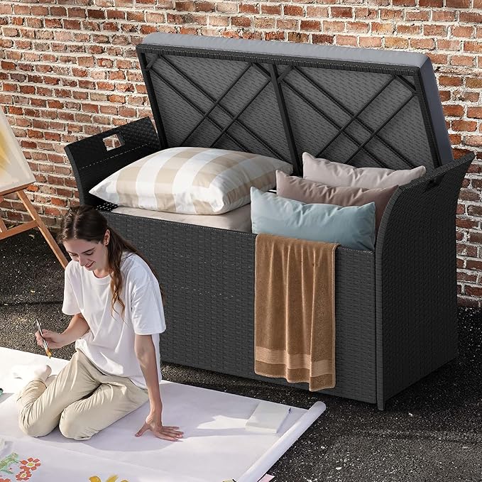 DWVO 90 Gallon Outdoor Storage Bench,Rattan Deck Box with Cushion, Outside Bench for Patio Storage,Yard,Pool,Garden,Black&Grey