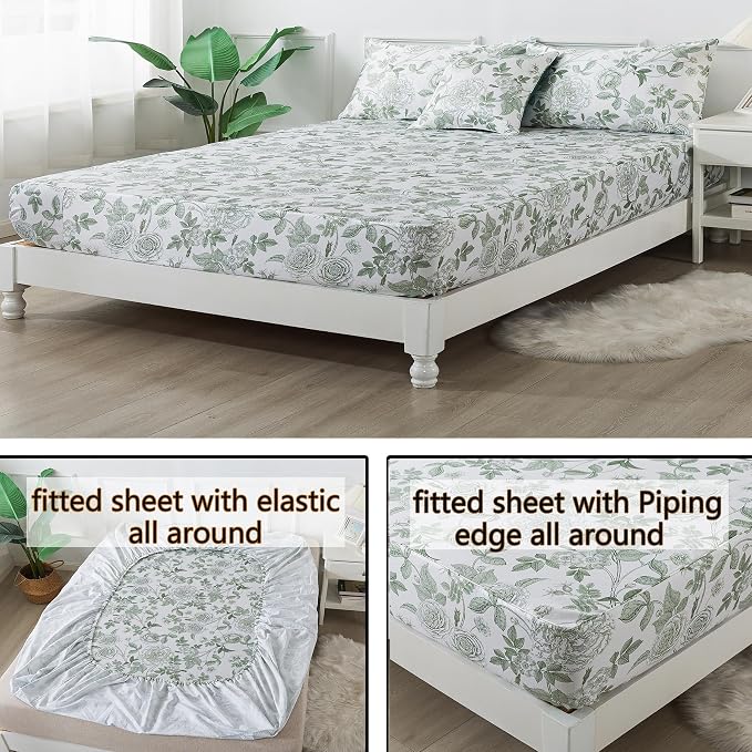 FADFAY Sheets Set Full Vintage White and Green Floral Bedding Elegant Peony Sheets Set Shabby Rose Farmhouse Bedding 100% Egyptian Cotton 800 Thread Count Deep Pocket Fitted Sheet 4Pcs, Full Size