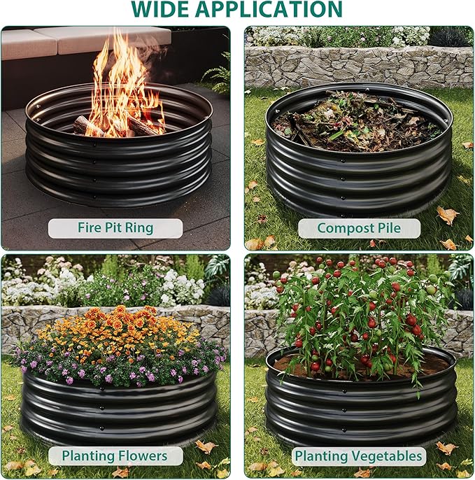 2 x 1FT Round Galvanized Raised Garden Bed – Metal Planter Box Kit with Rust & Corrosion Protection, Safe Rubber Edge, Open Bottom Design – Easy Assembly for Vegetables, Flowers, Fruits
