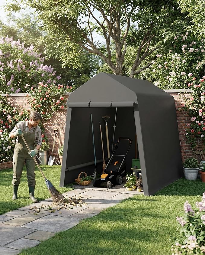 Garvee 7X12 Ft Outdoor Storage Shed, 2 Rolled Up Zipper Doors Portable Storage Shed, Waterproof Cover Vents Carports Temporary Shelter for Bike, Motorcycle, Gardening Tools, Generator, Black