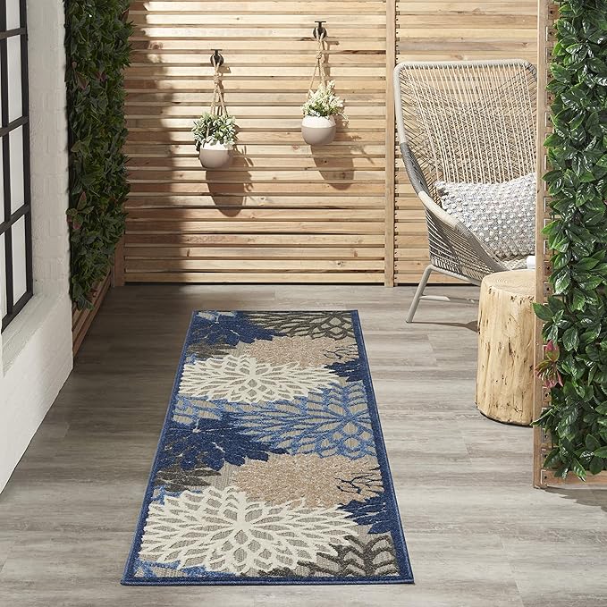 Nourison Home Aloha Indoor/Outdoor Blue/Multicolor 2' x 6' Area Rug, Tropical, Botanical, Easy Cleaning, Non Shedding, Bed Room, Living Room, Dining Room, Deck, Backyard, Patio (2x6)