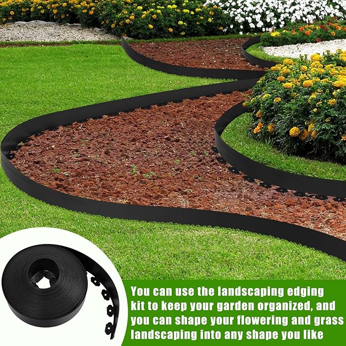 4'' x 100' Landscape Edging Kit Plastic Garden Edging Border Coil Include 90 Anchoring Spikes for Lawn Garden Grass Yard Home School, Black