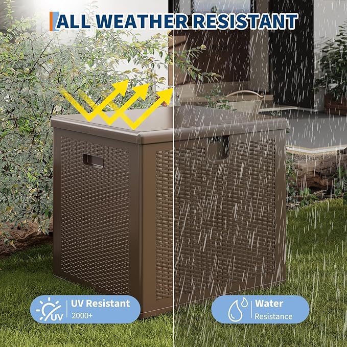 Garvee 80 gal Outdoor Storage Box, Large Waterproof Resin Deck Box Indoor Outdoor Use, Lockable UV Resistant Storage Bin for Patio, Garden, Cushions, Tools, Equipment, Brown