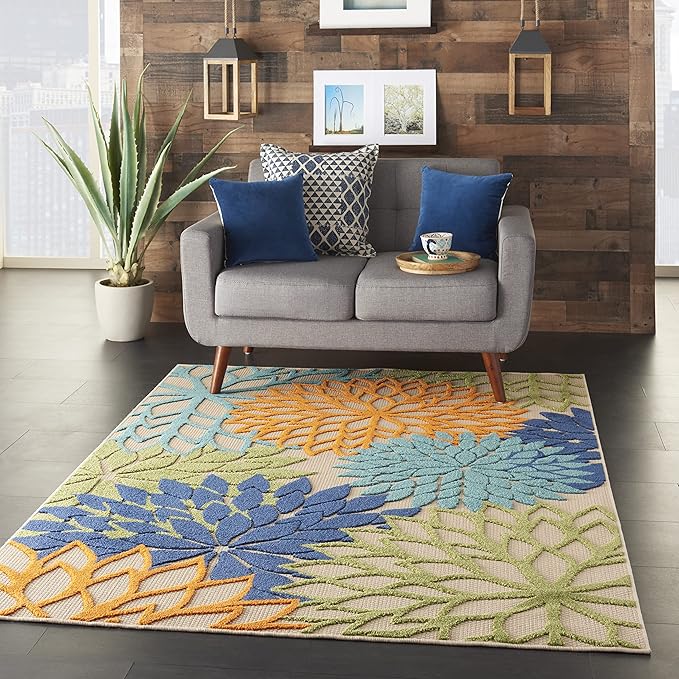 Nourison Home Aloha Indoor/Outdoor Multicolor 3'6" x 5'6" Area-Rug, Tropical, Botanical, Easy-Cleaning, Non Shedding, Bed Room, Living Room, Dining Room, Deck, Backyard, Patio (3x5)