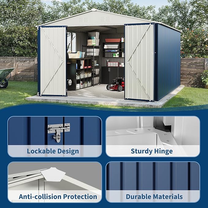 Garvee 10X12 FT Storage Shed with Cross Windows & Lockable Door，Large Outdoor Metal Shed，Peaked Roof Garden Shed for Lawn Mower, Bike, Tools - All Weather Secure Storage