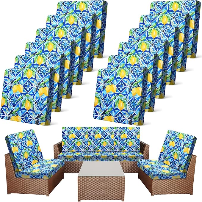 Newwiee 12 Pcs Patio Cushion Covers Outdoor Stretch Sofa Couch Cover Replacement Couch Slipcover Sofa Seat Chair Porch Patio Furniture Protector, Flexibility Washable(Blue Series,Yellow Lemon)