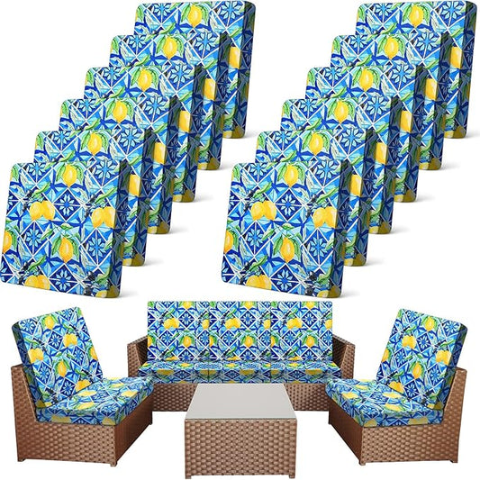Newwiee 12 Pcs Patio Cushion Covers Outdoor Stretch Sofa Couch Cover Replacement Couch Slipcover Sofa Seat Chair Porch Patio Furniture Protector, Flexibility Washable(Blue Series,Yellow Lemon)