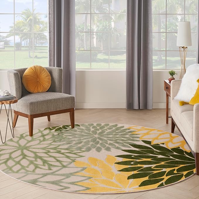 Nourison Home Aloha Indoor/Outdoor Green Multicolor 5'3" x Round Area Rug, Easy Cleaning, Non-Shedding, Bed Room, Living Room, Dining Room, Backyard, Patio, Deck (5 Round)