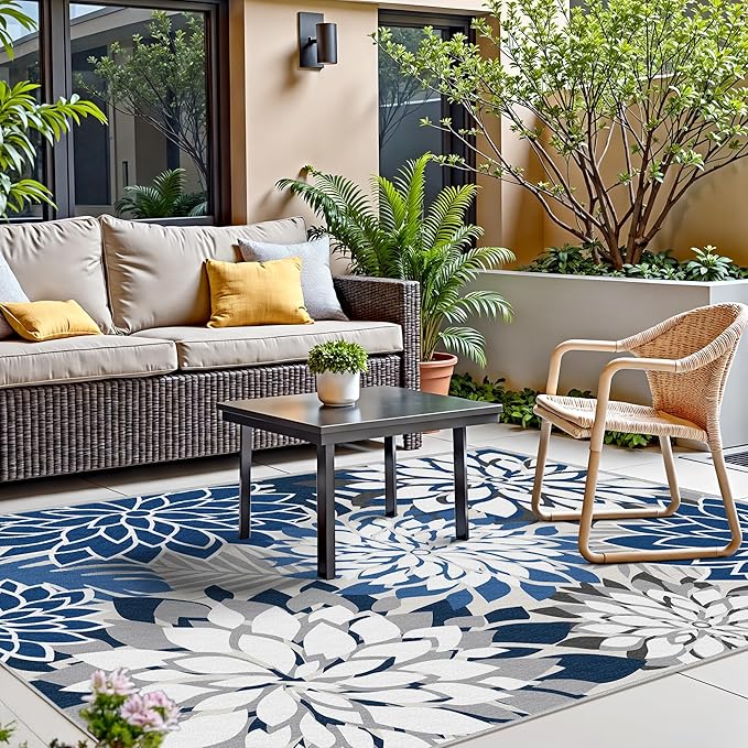 8x10 Outdoor Area Rug Washable Multicolored Patio Rug Tropical Botanical Floral Chenille Waterproof Outdoor Carpet Non-Slip for Deck, Backyard, Porch, Blue