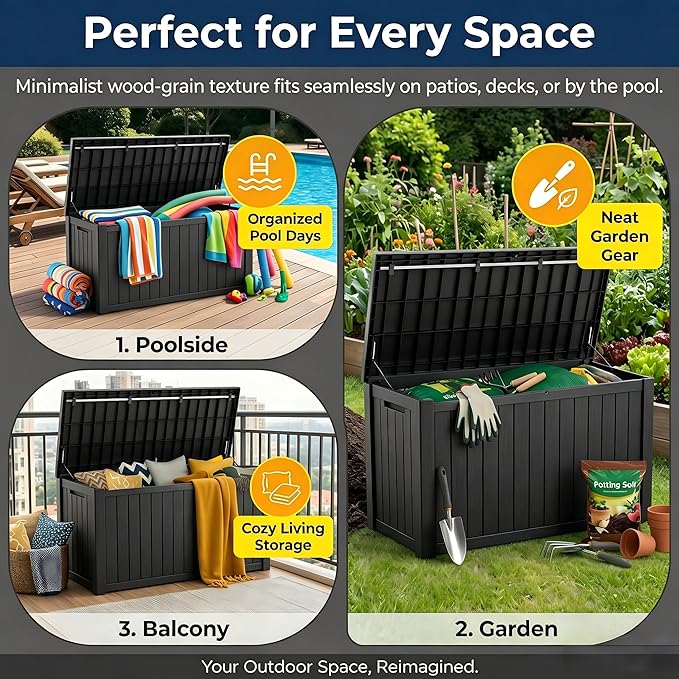 151 Gallon Resin Deck Box with Lockable Lid – Heavy-Duty Outdoor Storage for Patio Furniture, Garden Tools, Pool Accessories, BBQ Supplies – All-Weather Wood Grain Design