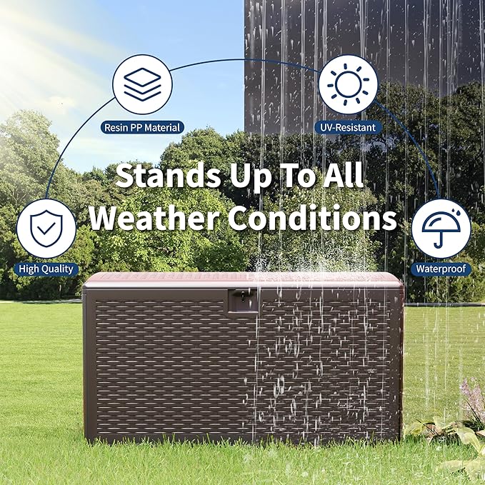 CABIHOME Outdoor Storage Box 99 Gallon Waterproof Large Resin Deck Box Indoor Outdoor Lockable Storage Container for Patio Furniture Cushions Garden Tools, Pool Garden, 99 Gallon, Brown