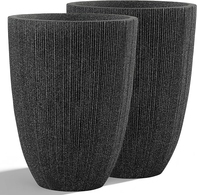 2 Pack 19" Tall Black Fluted Concrete-Look Resin Planters, Large Round UV-Resistant Flower Pots for Indoor Outdoor Plants, Decorative Ribbed Planters for Garden Patio Porch Home Office