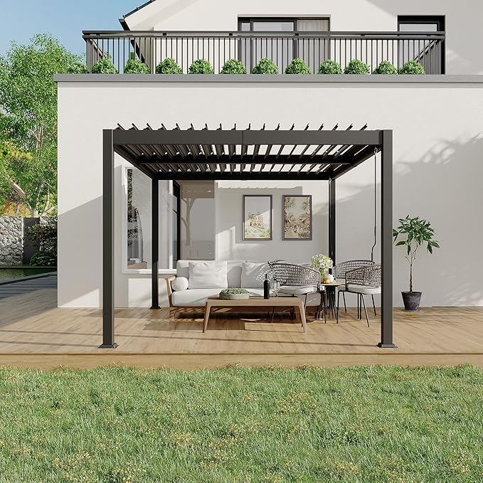 10x12 ft Adjustable Louvered Pergola, Independent Rainproof Roof, Outdoor Aluminum Patio Cover with Hidden Drainage for Garden Deck, Modern Gray