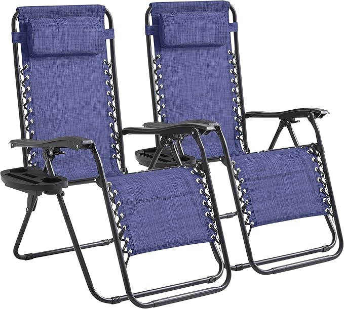 Zero Gravity Chair Set of 2 Oversized Folding Recliner, Padded Anti Gravity Lounge Chair with Adjustable Pillow & Cup Holder for Outdoor Camping, Patio, Poolside, Lawn (Blue)