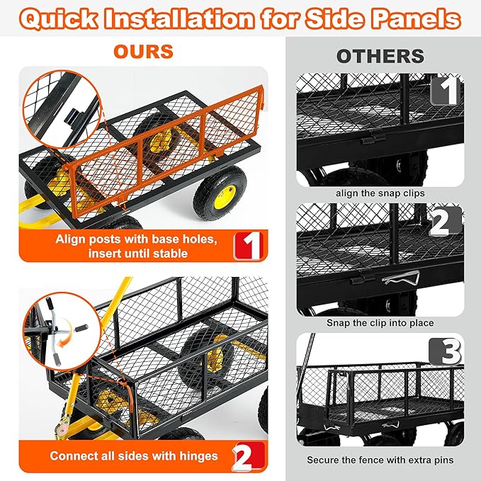 DIAMONDFORGE 500lbs Heavy Duty Garden Cart, Steel Garden Wagon Cart with Fixedable Rotating Handle for Backyard, Utility Yard Wagon with 10" All Terrain Tires, Mesh Removable Sides
