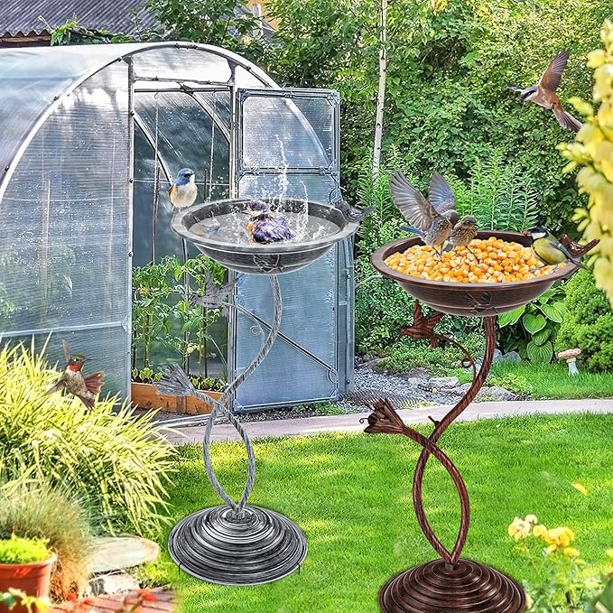 Bird Bath Garden for Outside, Vintage Metal Birdbaths Bowl with Roman Pedestal for Outdoors, Standing Bird Bath Bowl Birdfeeder for Yard Lawn Decor (Vintage Copper - Hummingbird)