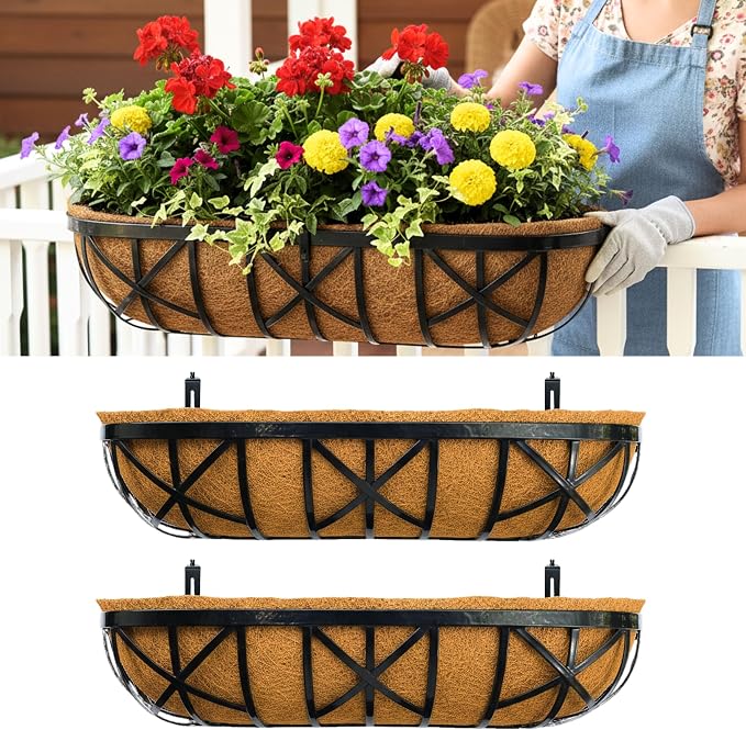LaLaGreen 30 Inch, 2 Pack Railing Planters with Adjustable Mounting Brackets – Black Metal Window Planter Boxes for Outdoor Gardening, Wall-Mount Flower Pots, Balcony Fence Patio, Porch, Garden