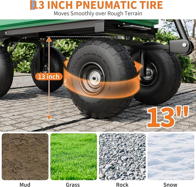 Heavy Duty Garden Dump Cart with 1200 Lbs Capacity – 4 Cu.Ft Yard Utility Wagon with 10" All-Terrain Tires, 180° Adjustable Handle & Quick-Release Tipping for Soils, Plants & Tools, Green